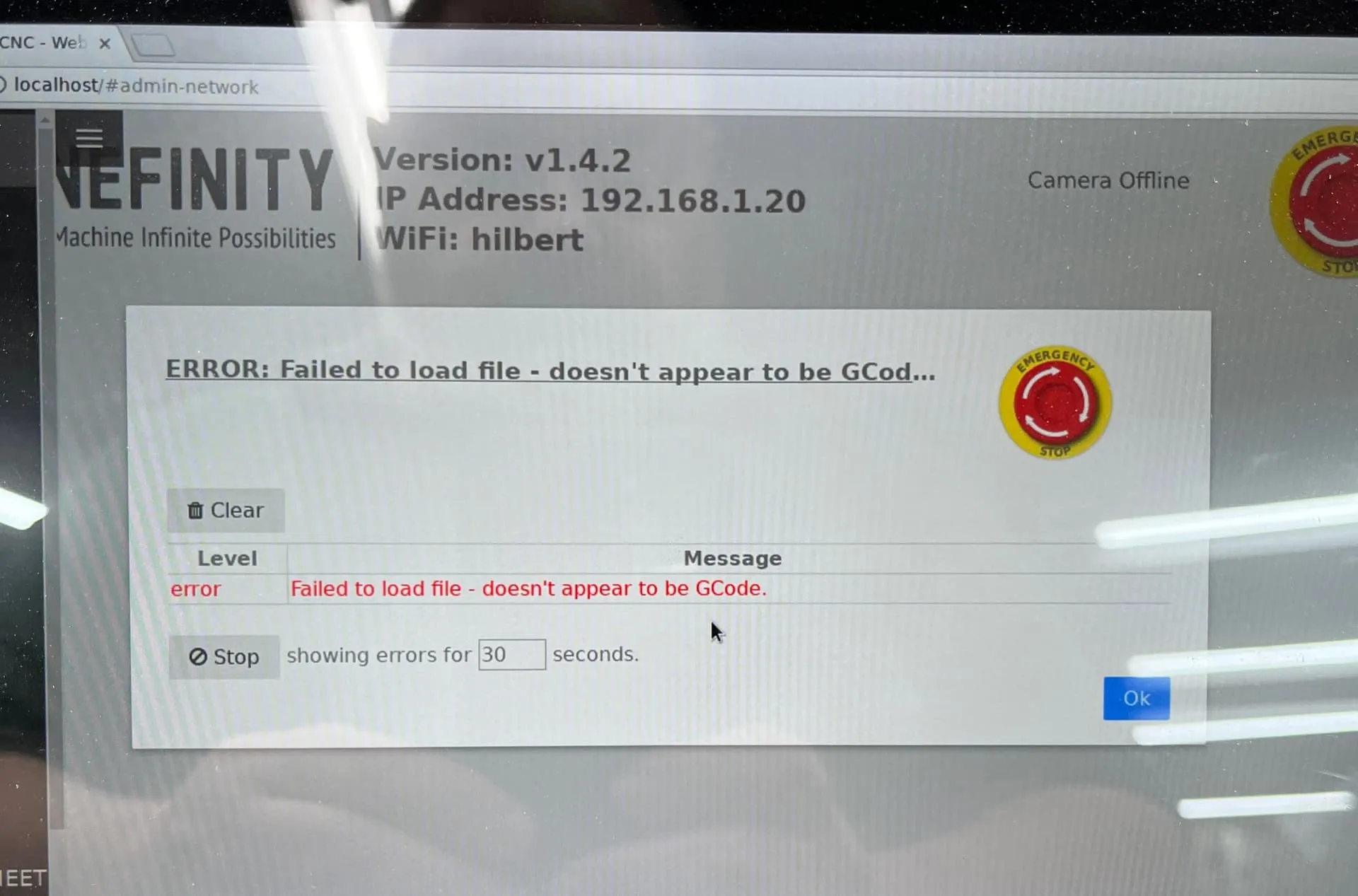 Màn hình hiển thị thông báo lỗi khi xuất mã dữ liệu đường cắt.
