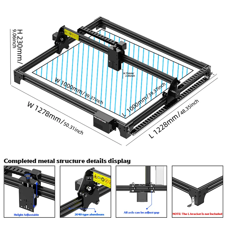 Khung máy khắc laser dạng mở, dễ dàng lắp đặt và bảo trì các linh kiện bên trong