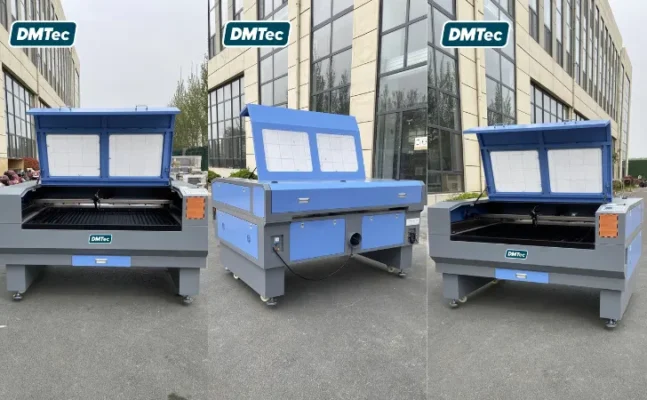 Hình ảnh tổng thể các mặt xung quanh máy cắt laser mini Fiber CO2, thể hiện thiết kế khép kín và bố trí vận hành khoa học